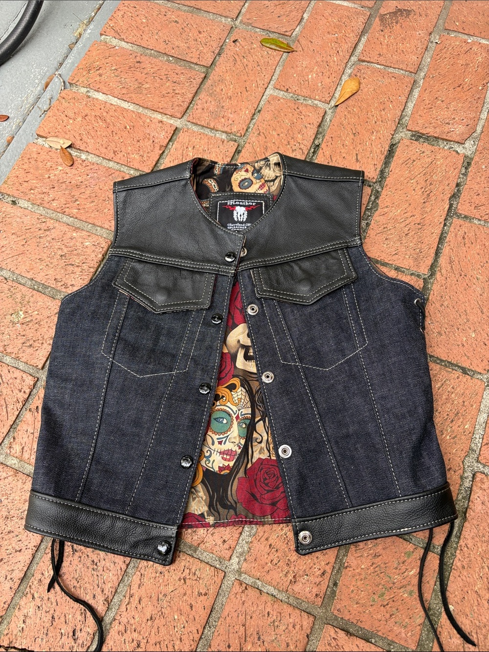 Women's Dark Denim & Black Leather-Trim Vest with Printed Lining